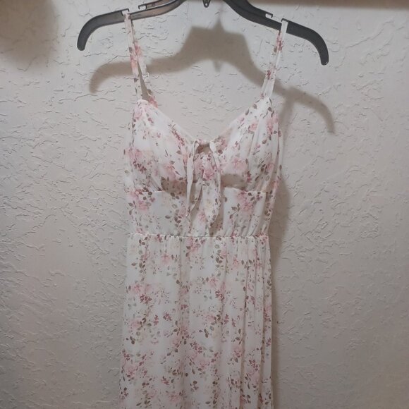 AUW - As U Wish - Floral Midi Dress – Women’s S, Pink Spaghetti Strap Tie-Front - Picture 2 of 13